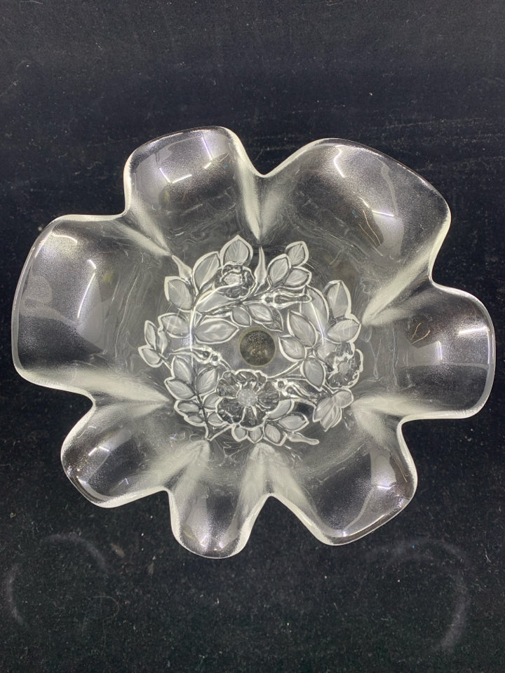 FLORAL FROSTED AND EMBOSSED FOOTED CANDY DISH.