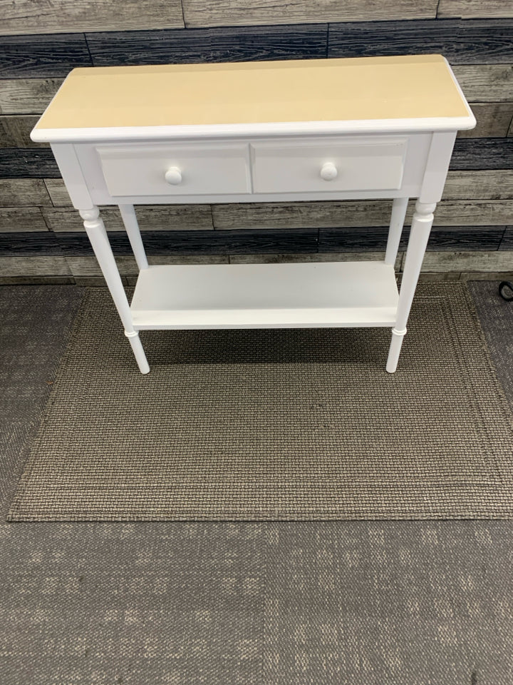 SMALL WHITE SOFA/ CONSOLE TABLE W 2 DRAWERS.