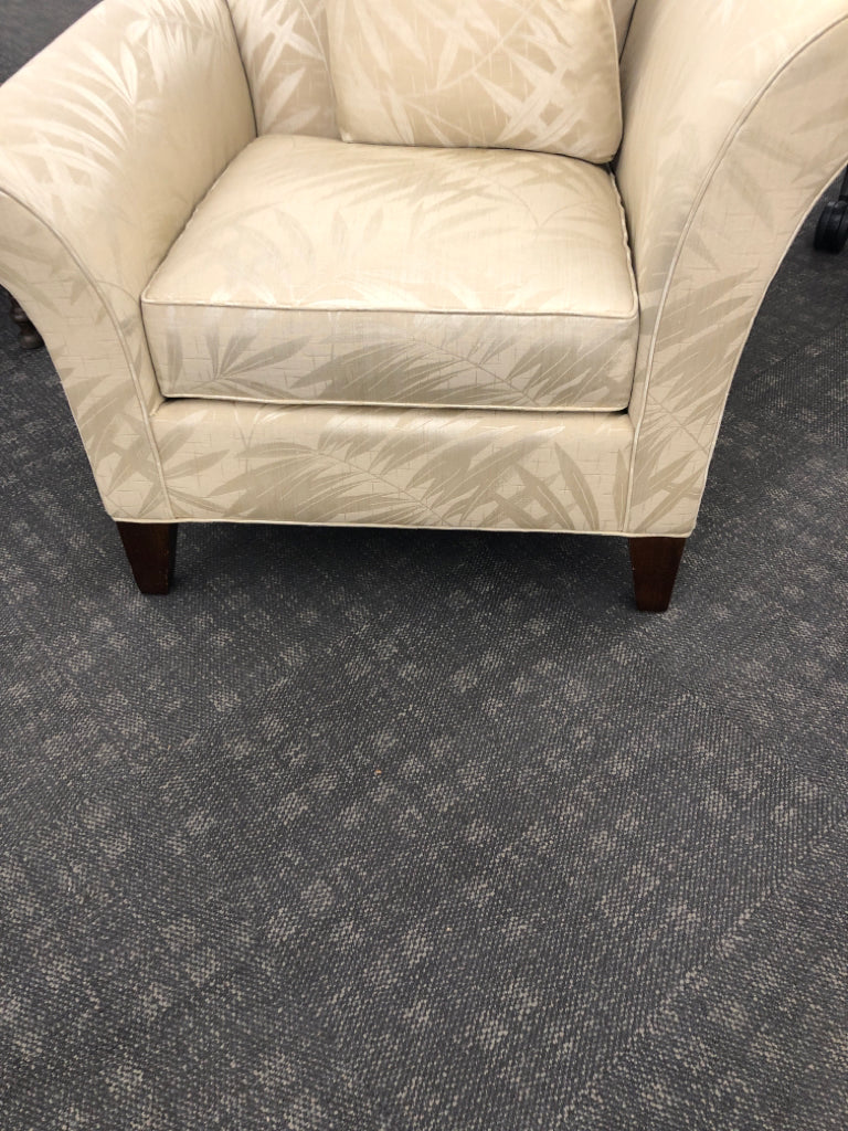 CREAM W/LEAF PRINT ACCENT CHAIR CURVED BACK & PILLOW,ORIGINAL PAPERS INCLUDED.