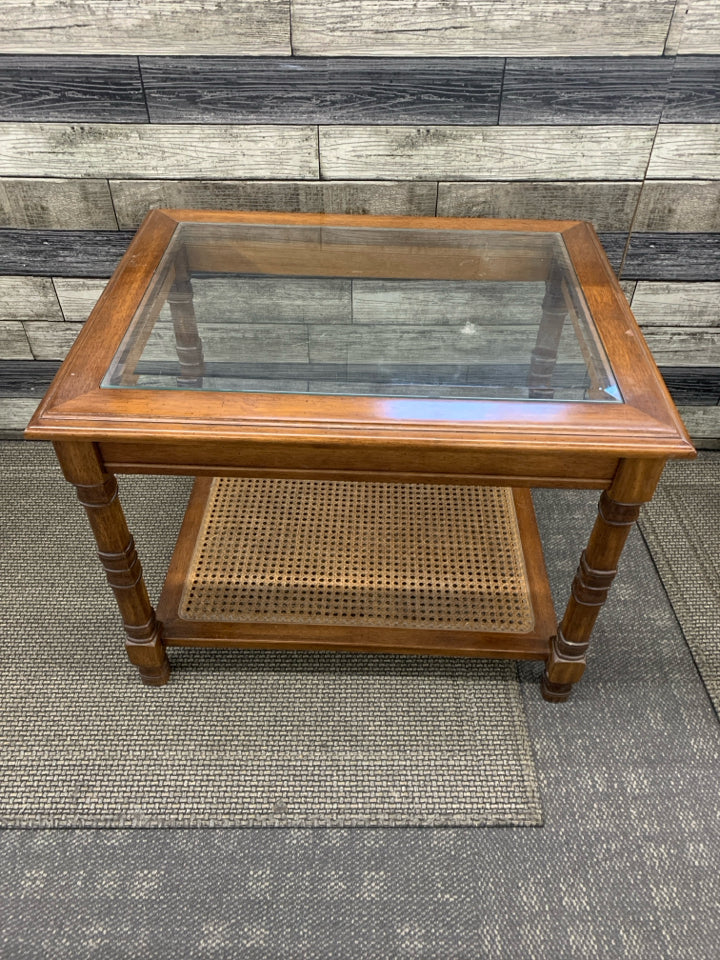 DARK WOOD GLASS TOP SIDE TABLE W BOTTOM SHELF.