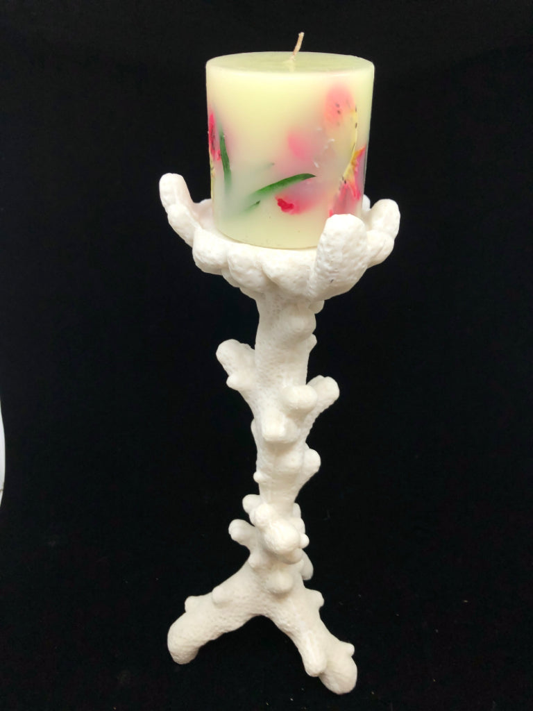 RESIN CORAL CANDLESTICK HOLDER W/FLOWER CANDLE.