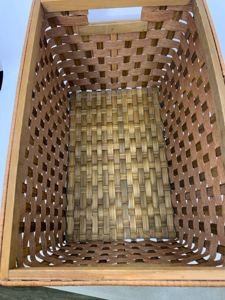CARMEL COLORED THIN WOVEN RECTANGLE BASKET W/ HANDLES.