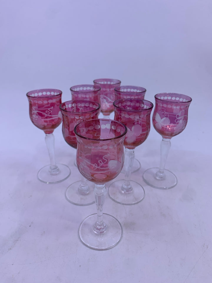 8 PINK CORDIAL GLASSES W/EMBOSSED GRAPES.