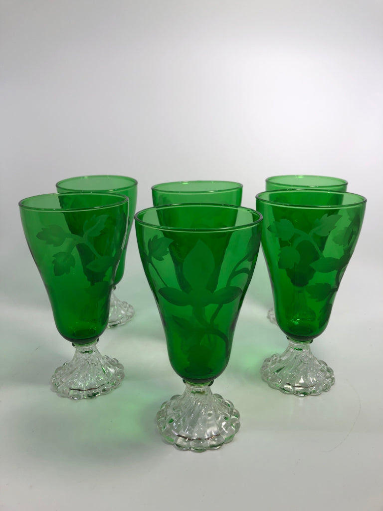 6PC VTG ANCHOR HOCKING EMERALD GREEN GOBLET W/ETCHING+SWIRLED BASE.