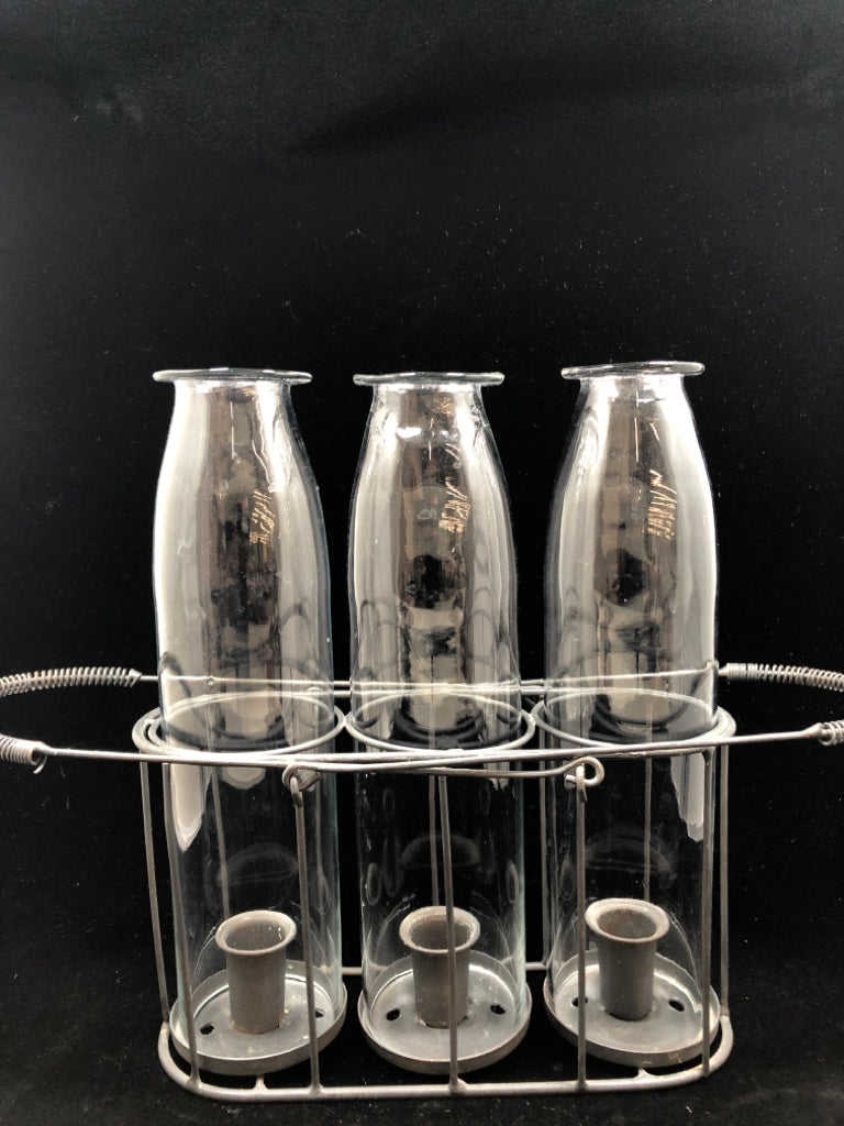 MILK BOTTLE STYLE CANDLE HOLDERS W/METAL BASE.