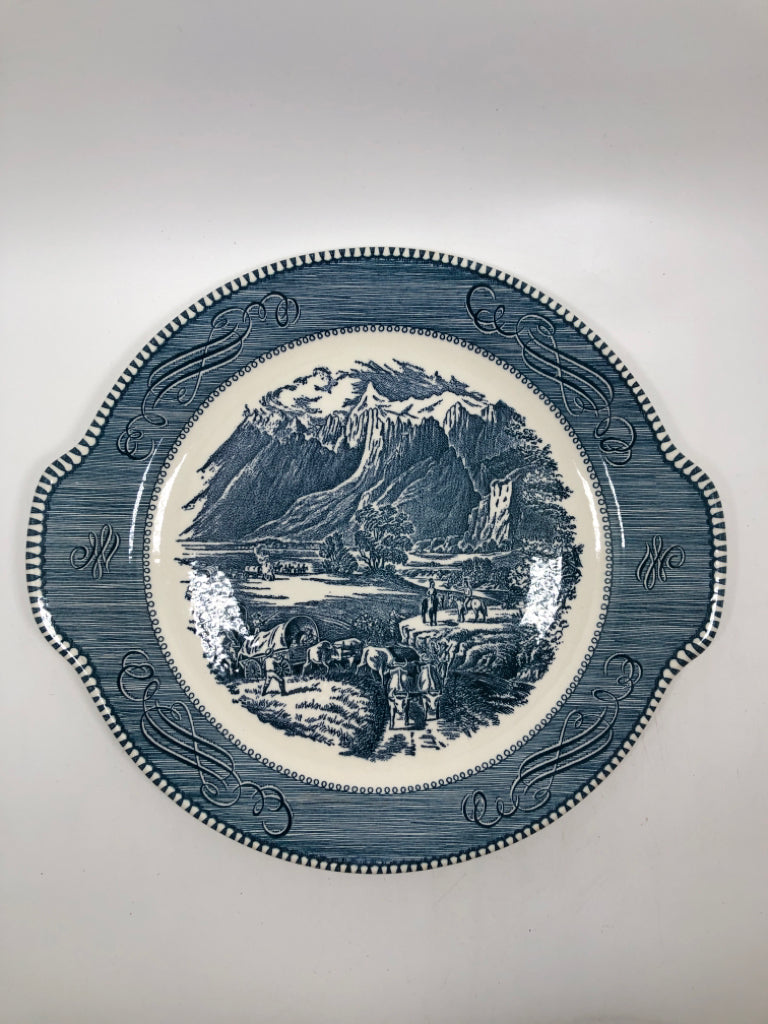 VTG "THE ROCKY MOUNTAIN" BLUE PRINT CAKE PLATTER.