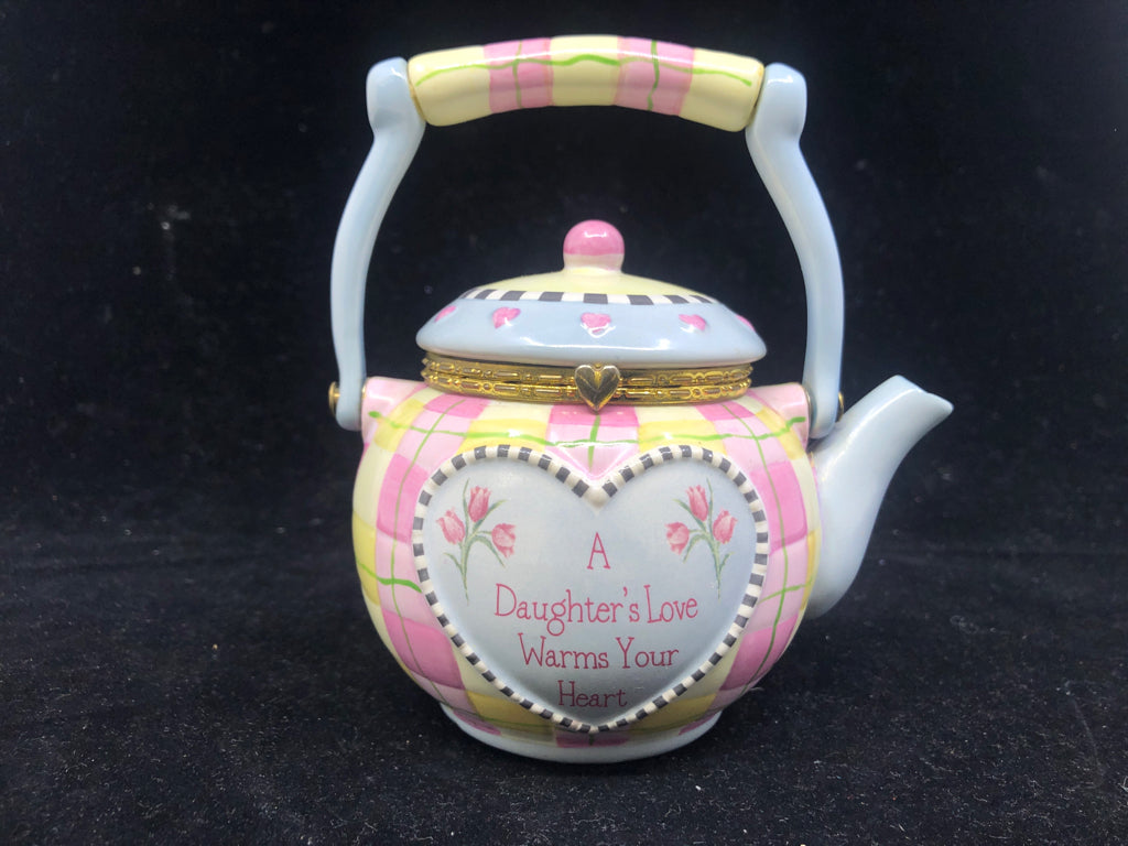 A DAUGHTER'S LOVE TEAPOT WITH BLUE/PINK/YELLOW.