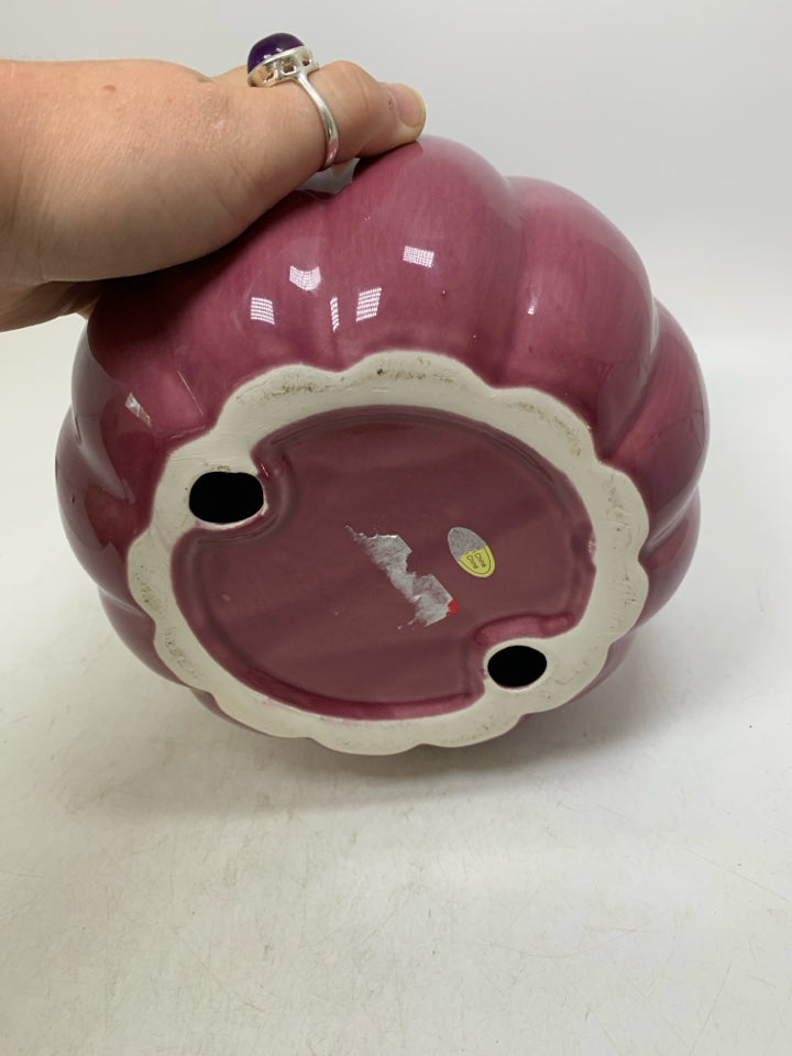CERAMIC PURPLE PUMPKIN W/ GOLD STEM.
