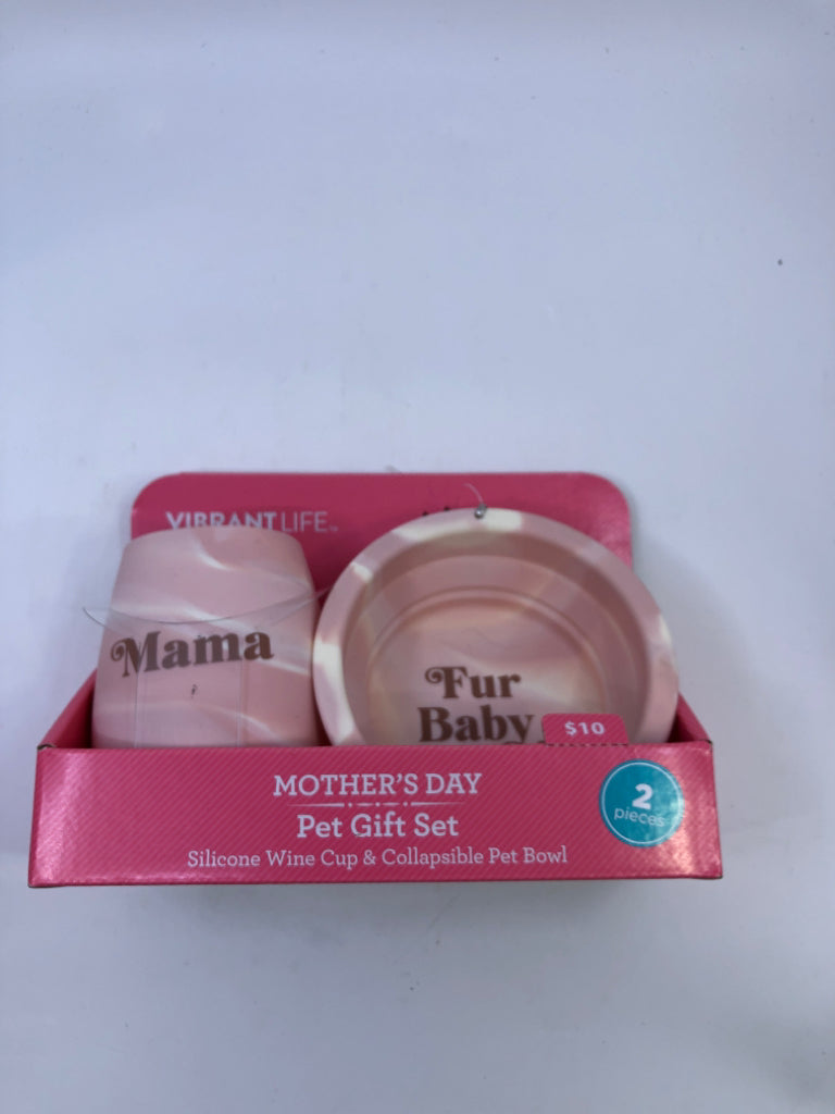 NIB MAMA WINE GLASS AND PET BOWL.