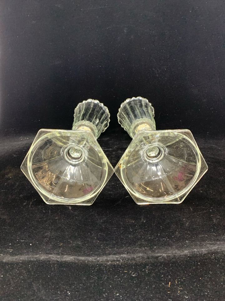 2 GLASS CANDLE HOLDERS W/RIBBED TOP.