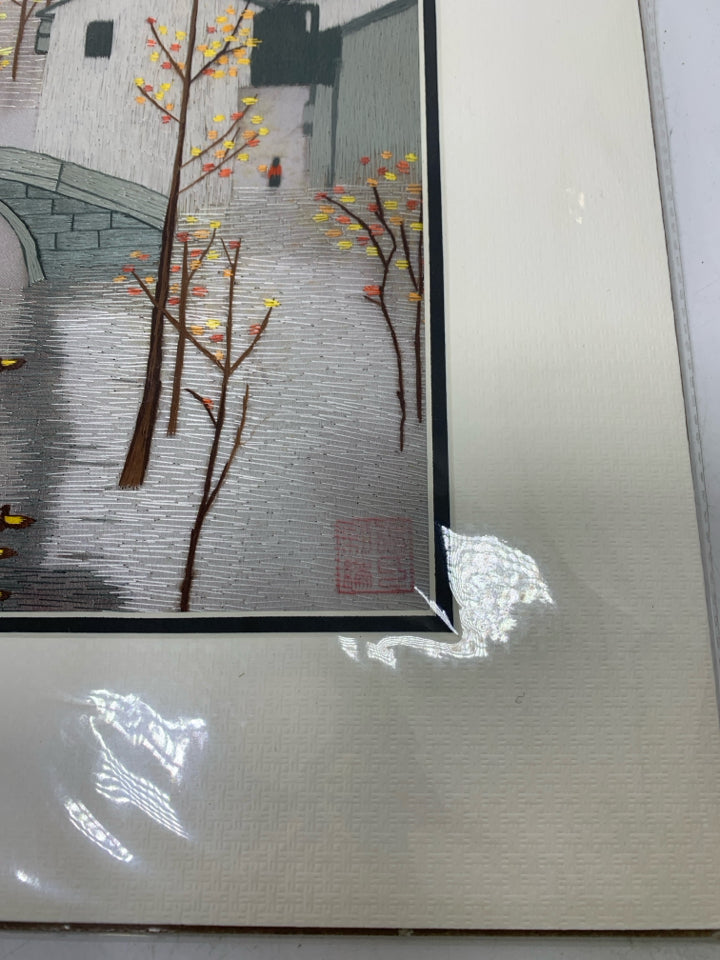 NIP SUZHOU SILK EMBROIDERY BRIDGE W/ BUILDINGS DUCKS AND FALL TREES.