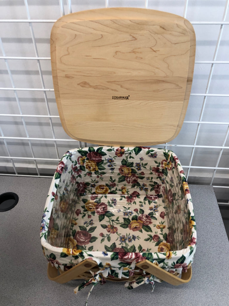 FLORAL LINED LONGABERGER BASKET W/STAND & COVER.