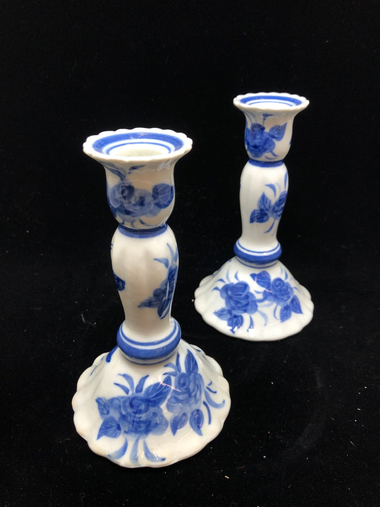 2 BLUE FLORAL CANDLESTICK HOLDERS - MADE IN THAILAND.