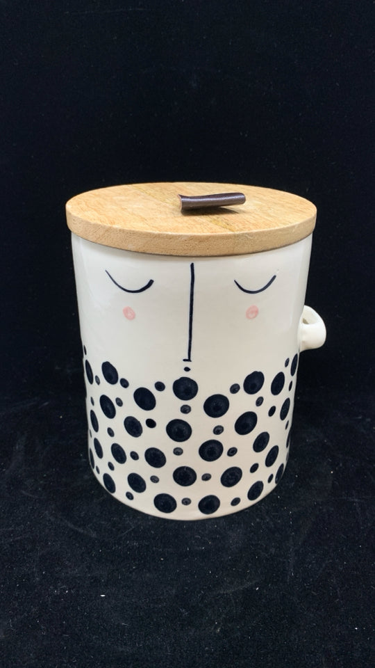 CERAMIC FACE PAINTED CANISTER W/BAMBOO LID.