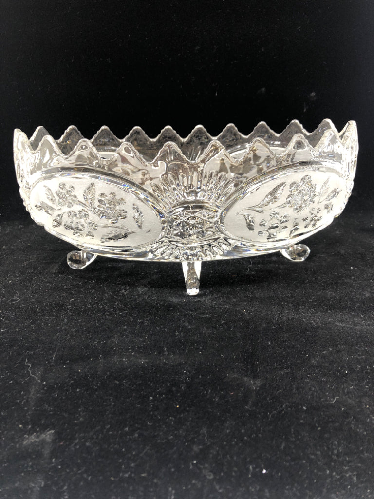 FOOTED OVAL CUT GLASS CANDY DISH W/EMBOSSED FLOWERS.