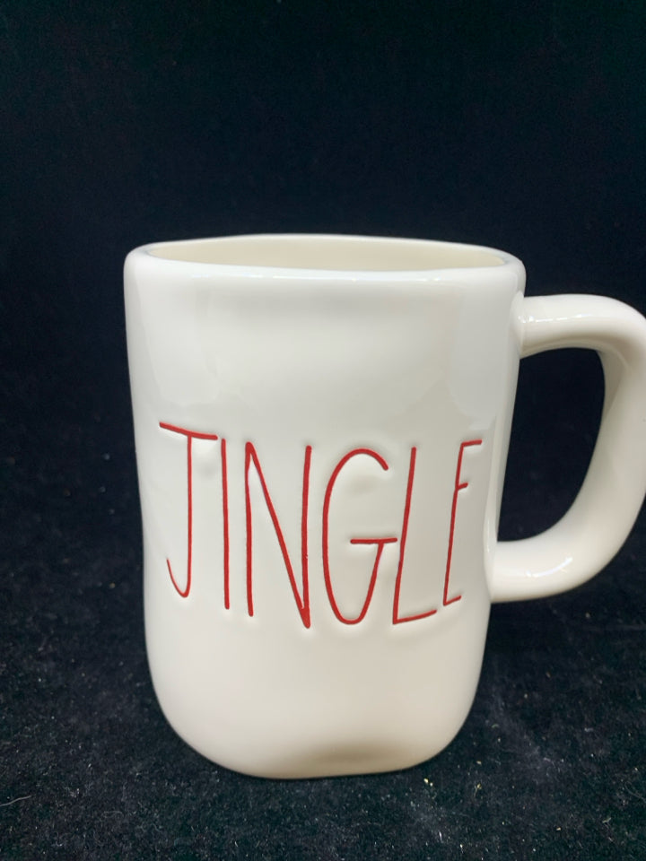 WHITE W/ RED JINGLE COFFEE MUG-RAE DUNN-5"