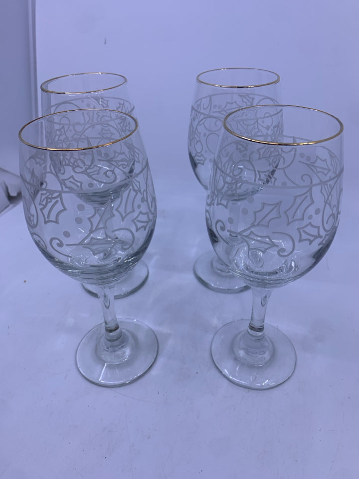 4 FESTIVE HOLLY LEAVES WINE GLASSES WITH GOLD RIM.