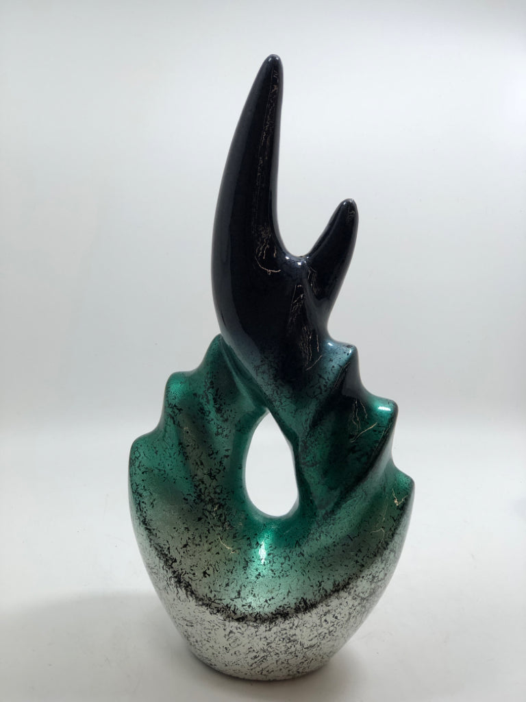 TEAL/BLACK ABSTRACT ART SCULPTURE.