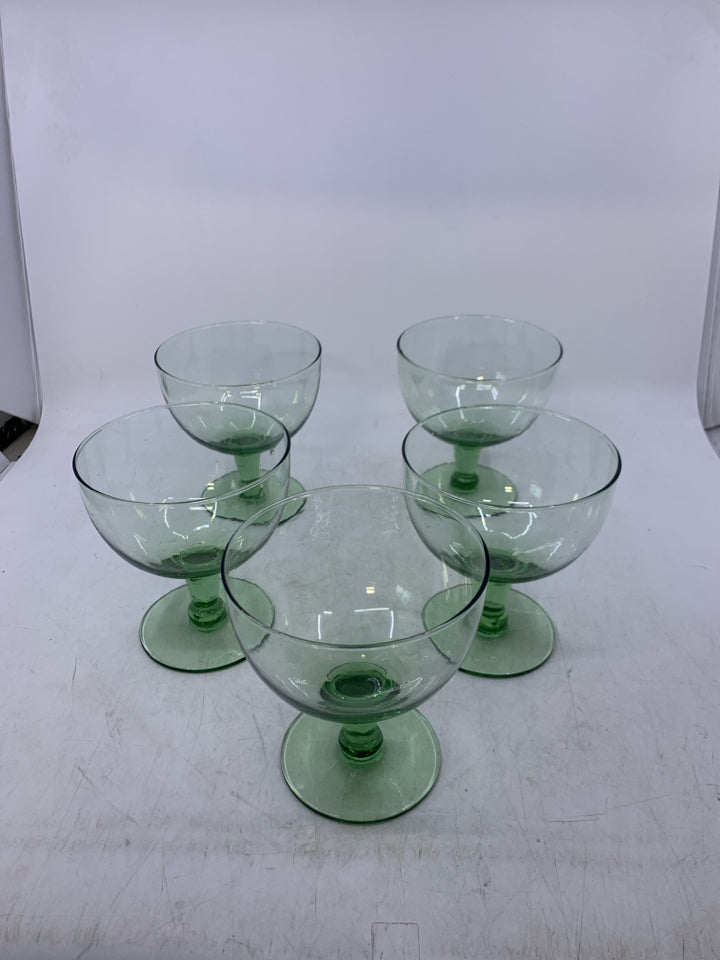 5 GREEN GLASS DESSERT CUPS.