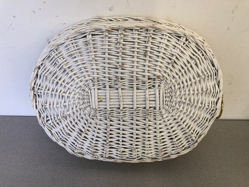 WHITE OVAL WICKER  BASKET/TRAY W GOLD HARDWARE HANDLES.