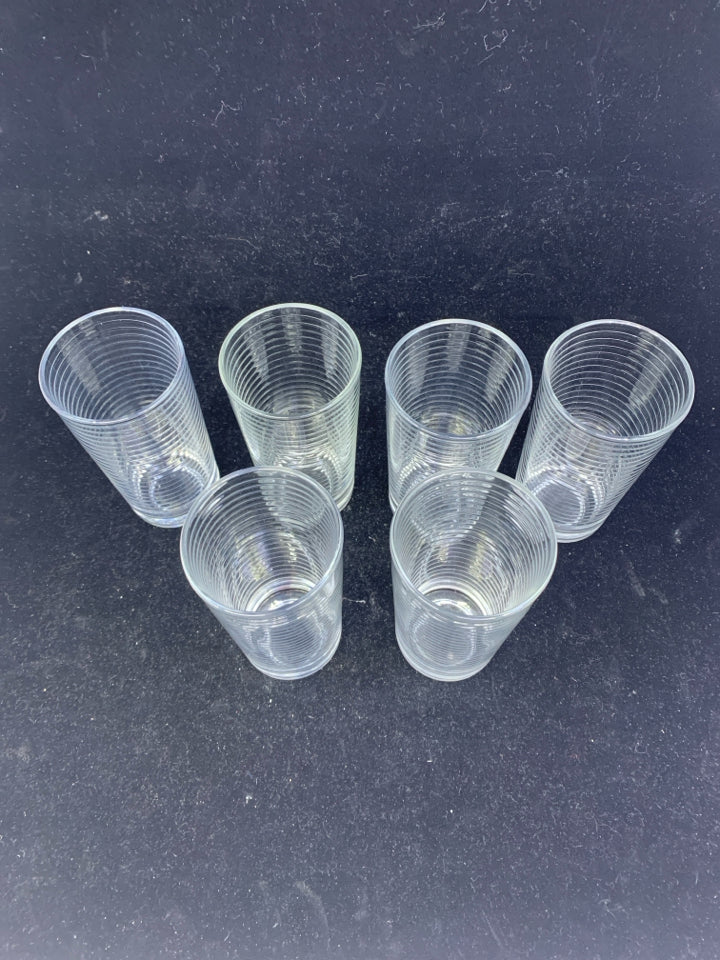 6 RIBBED WATER GLASSES- STAMPED BOTTOM.