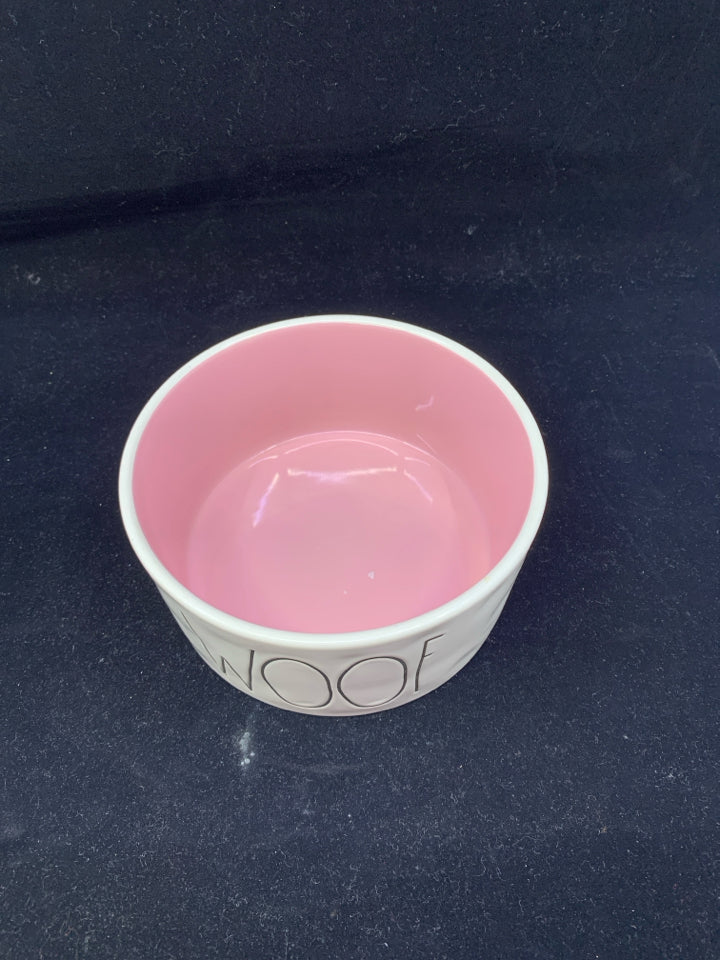 RAE DUNN "WOOF" W/ PINK INSIDE DOG WATER BOWL.