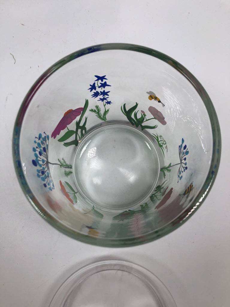 CLEAR JAR W/ PAINTED FLOWERS AND BEES.