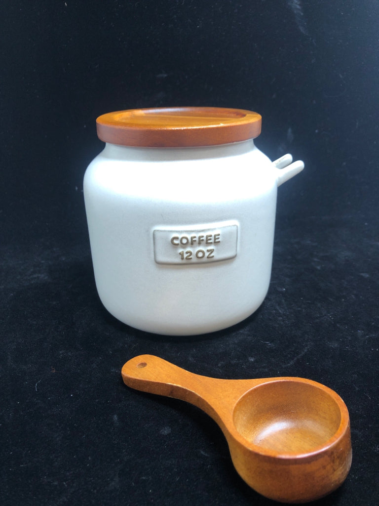 COFFEE CONTAINER W/WOOD LID AND WOOD SPOON.