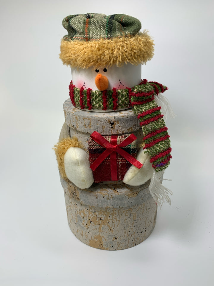 3 STACKING FAUX WOOD BOXES MAKING SNOWMAN.