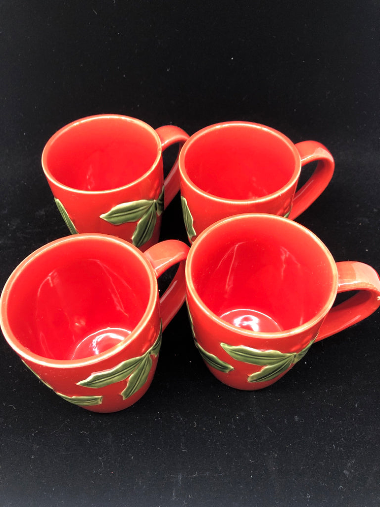 4 RED MUG W/ EMBOSSED HOLLY.