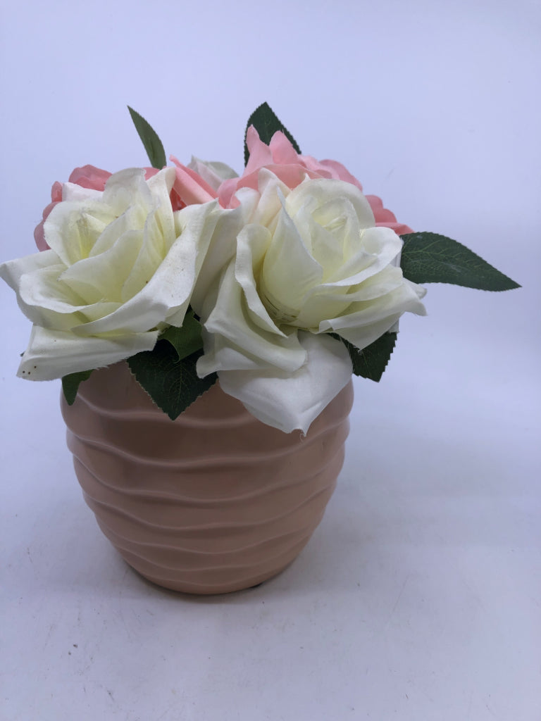 PINK/ WHITE FAUX FLORAL IN PLANTER.