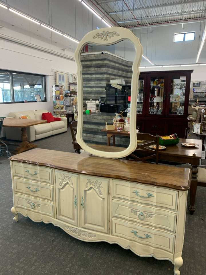 CREAM SPECKLED DISTRESSED DRESSER W/ TEAL DETAILS 6 DRAWERS, CABINET W/ 3 EXTRA