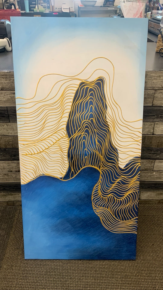 VERTICAL BLUE/WHITE ABSTRACT CANVAS W/GOLD DESIGNS.