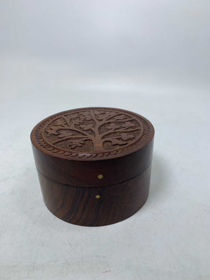 DARK CIRCLE WOOD TRINKET BOX W/ CARVED TREE.