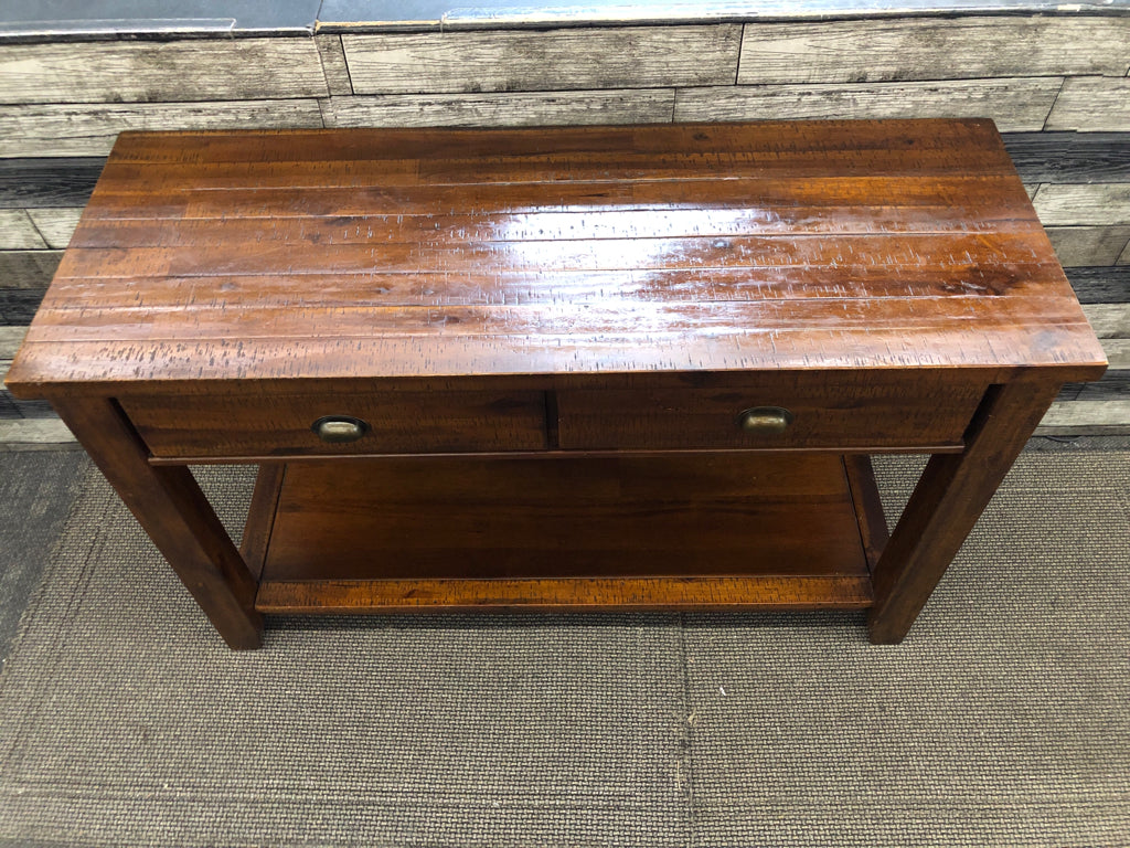 DARK WOOD CONSOLE TABLE W 2 DRAWERS AND BOTTOM SHELF.