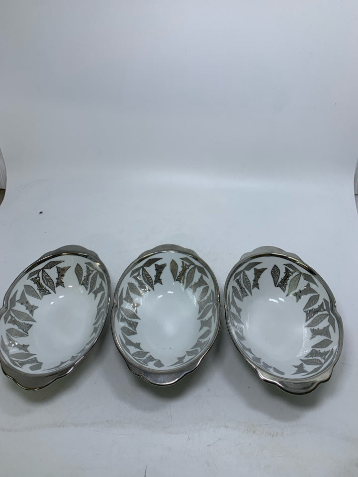 3 OVAL SOOGO BOWLS W/ SILVER DETAILS.