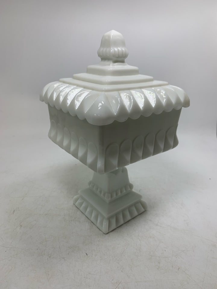 MILK GLASS PEDESTAL BOWL EMBOSSED DETAIL COVERED CANDY DISH.