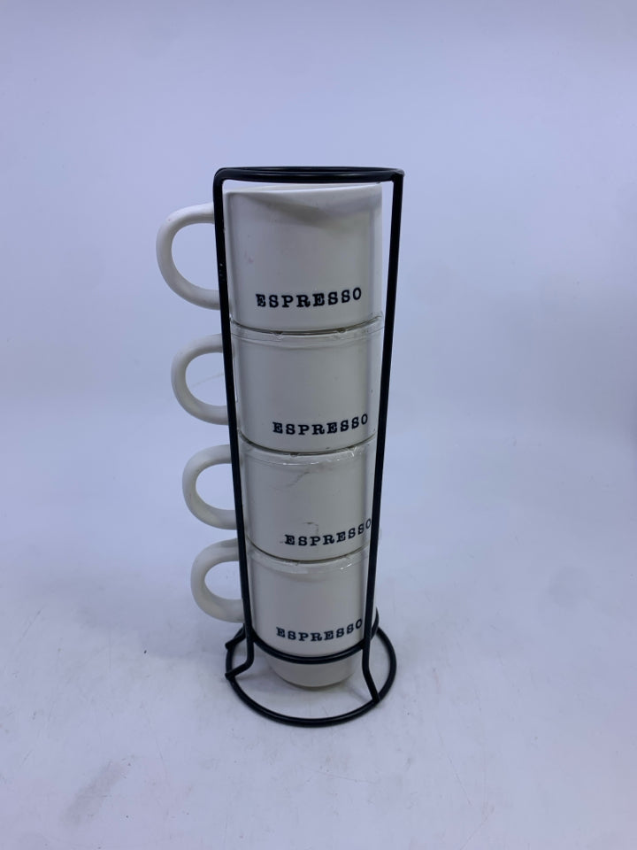 4 WHITE ESPRESSO MUGS IN BLACK STAND.