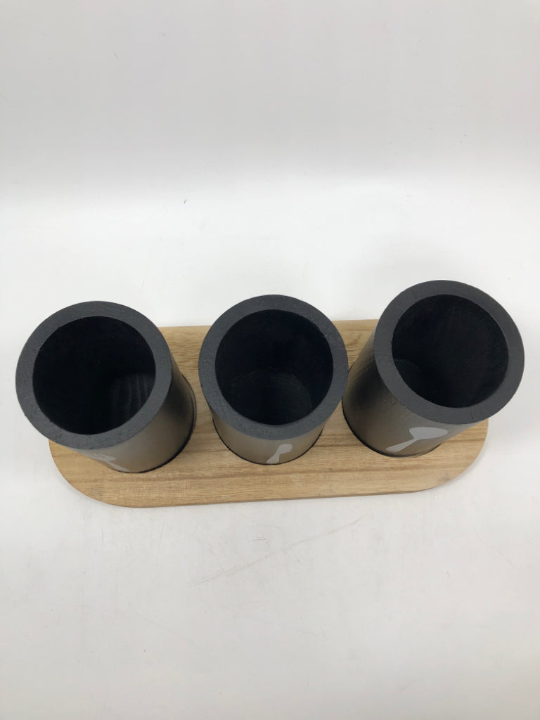 4PC WOODEN UTENSIL HOLDERS ON WOOD TRAY.