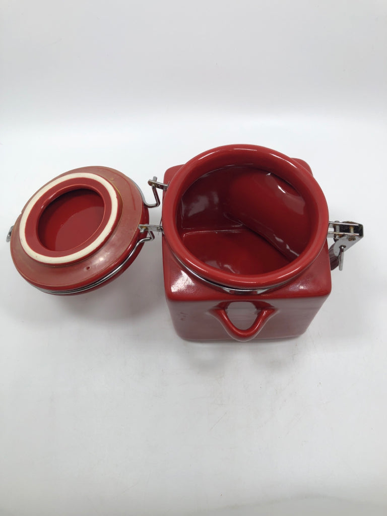 RED CERAMIC LOCKING FLIP TOP CANISTER W/HANDLE *NO SPOON.