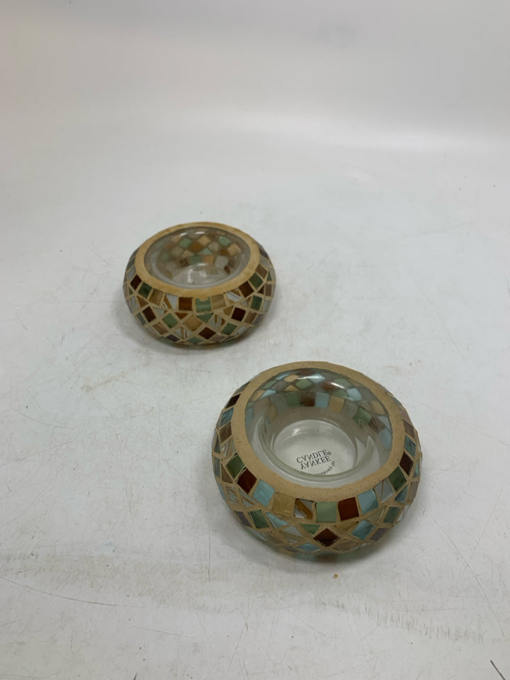 2 SHORT GLASS MOSAIC TEA LIGHT HOLDERS.
