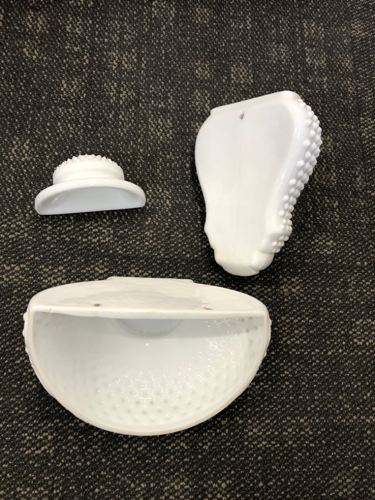 2pc VTG HOBNAIL WALL FOUNTAIN- MILK GLASS SPOUT WATER HOLDER W DRIP BASIN.