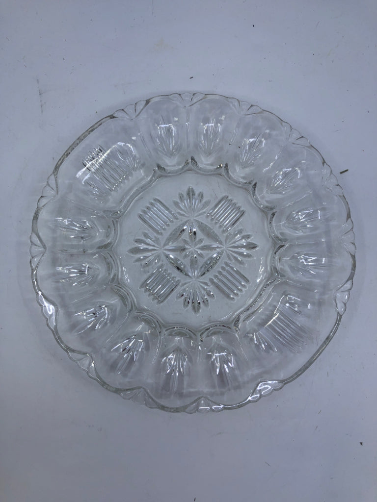 GLASS DEVILED EGG HOLDER W/ ETCHED DETAILS.