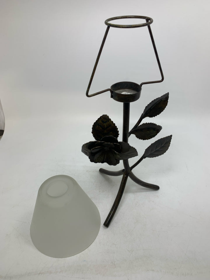 FOOTED METAL BASE W/ FLOWERS LEAVES FROSTED CANDLE SHADE TEALIGHT HOLDER.