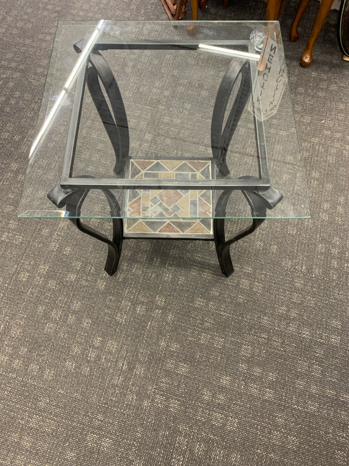 METAL 2 TIER TABLE TILE BOTTOM/GLASS TOP SIDE TABLE.