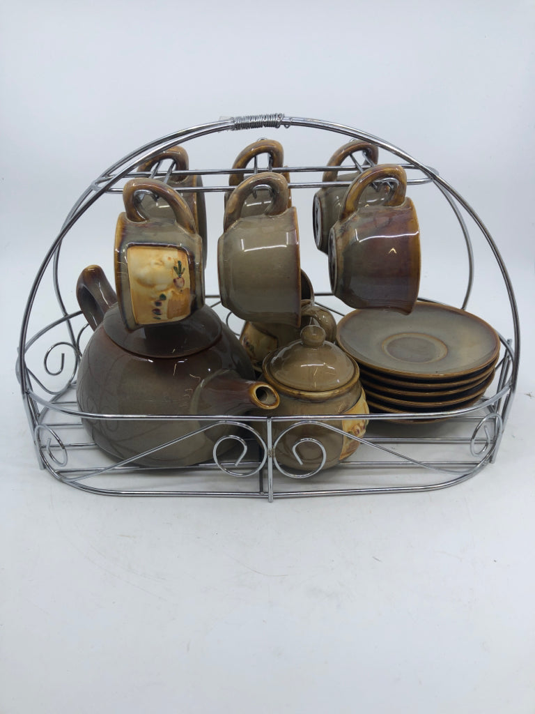 15 PC LIGHT BROWN CERAMIC TEA SET W/ DISPLAY RACK W/ EMBOSSED TEA POT/ BASKET OF