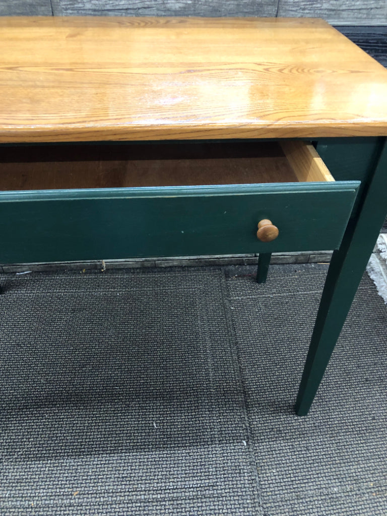 GREEN TABLE W 1 DRAWER AND WOOD TOP.