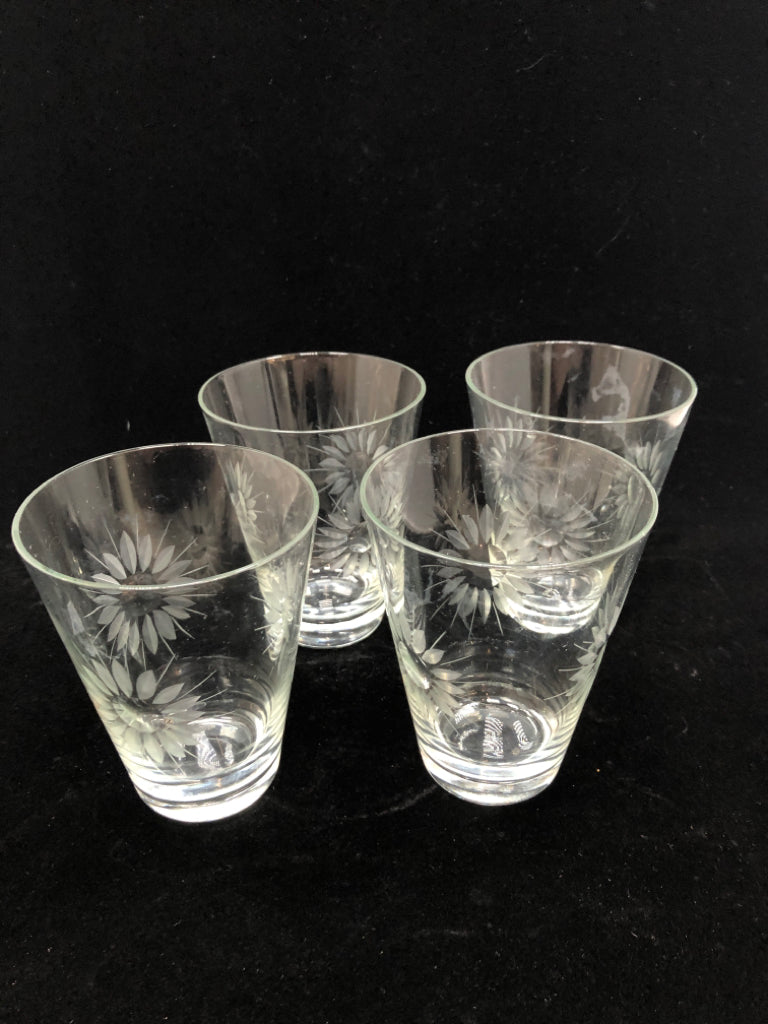 4 SUNFLOWER ETCHED DRINKING GLASSES.