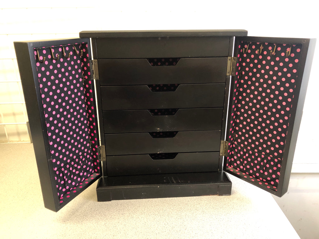 DK WOOD JEWELRY BOX W/FLIP LID 5 DRAWERS.