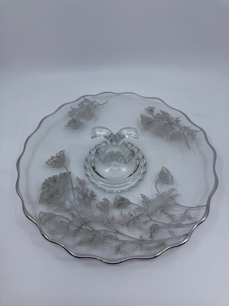 VTG GLASS PLATTER W/ HANDLE IN CENTER SILVER FLORAL DESIGN SCALLOP EDGE.